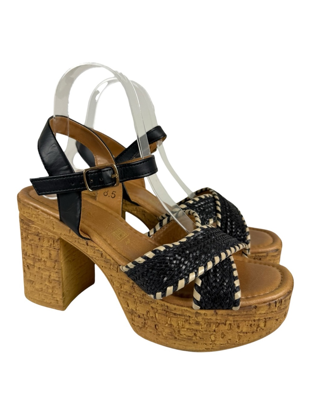 Seychelles Bravo Cork Block Heel Platform Woven Strap Sandals Black Natural 8.5